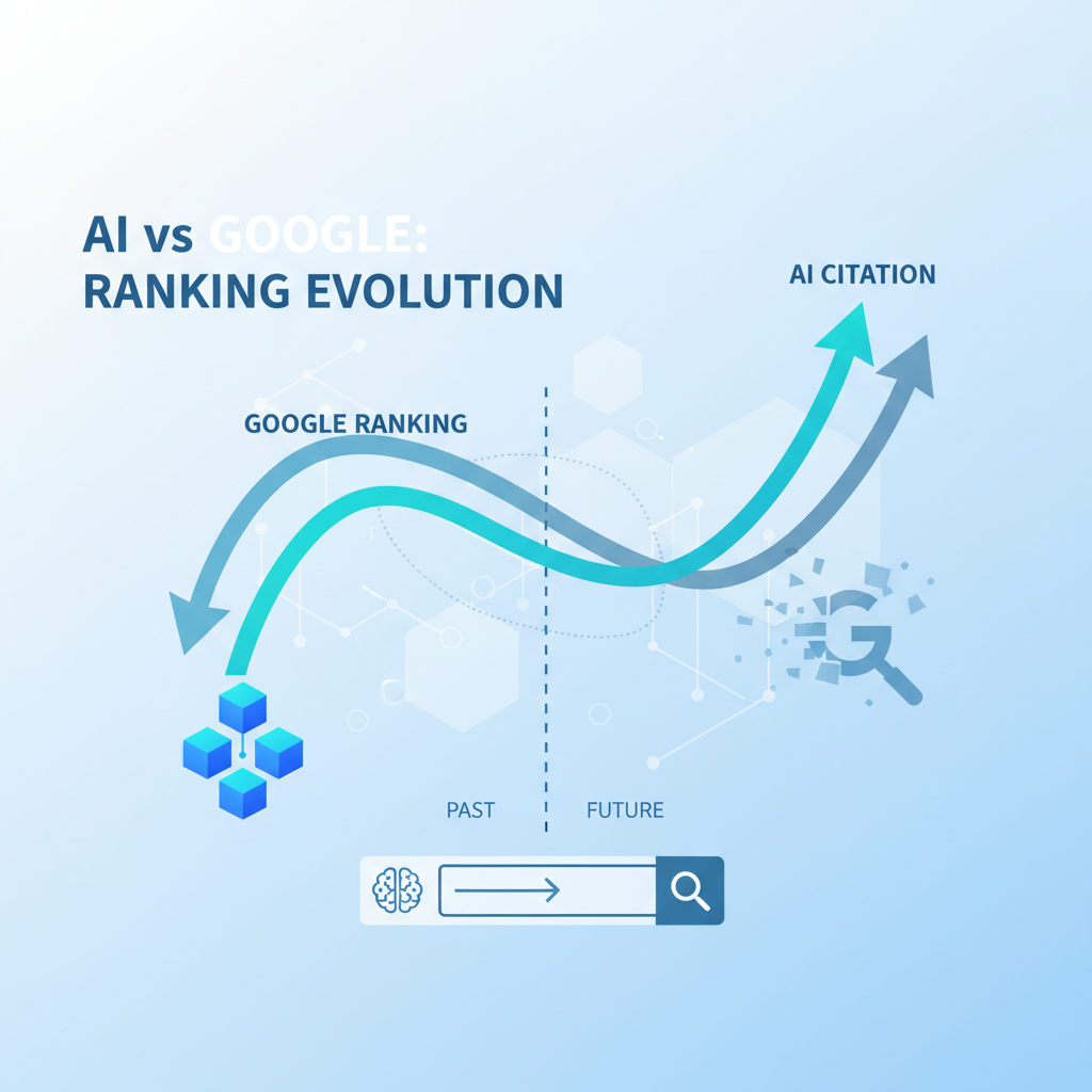 AI引用 vs Google排名对比示意图——两条趋势线，AI引用上升，Google排名影响力下降