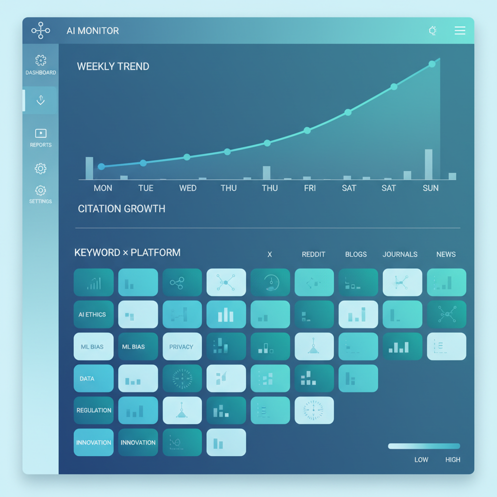 AI引用监测仪表盘截图示意——周度趋势折线图 + 关键词 × 平台矩阵热力图