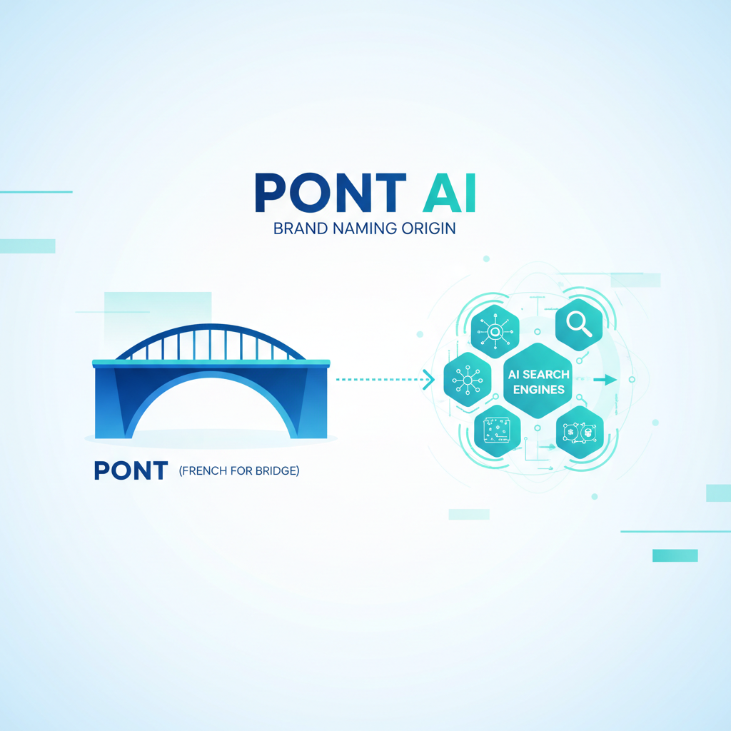 PONT AI brand naming origin diagram — French pont (bridge) connecting brand to AI search engines