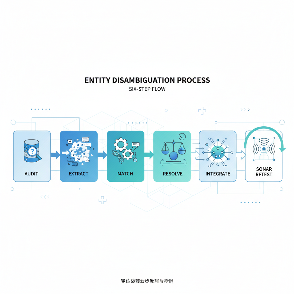 Entity disambiguation process — six-step diagram from audit to Sonar retest